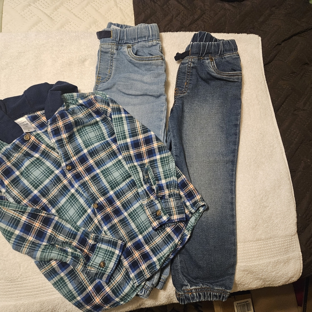 Carters Plaid Shirt and 2 Denim Jeans Set Size 4T